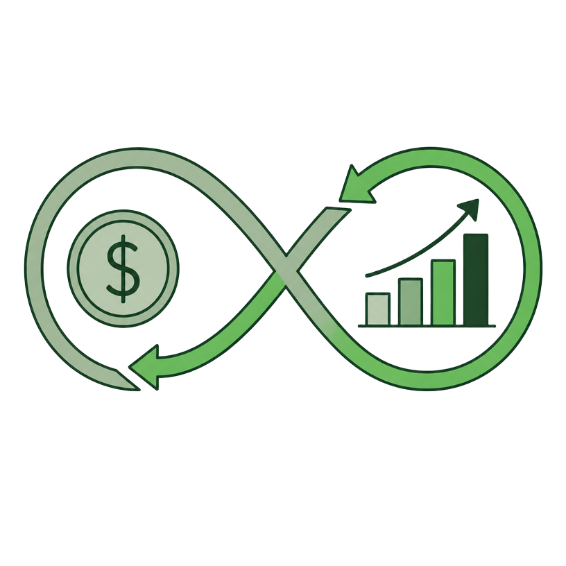 An infinity loop of arrows cycling money into a rising chart