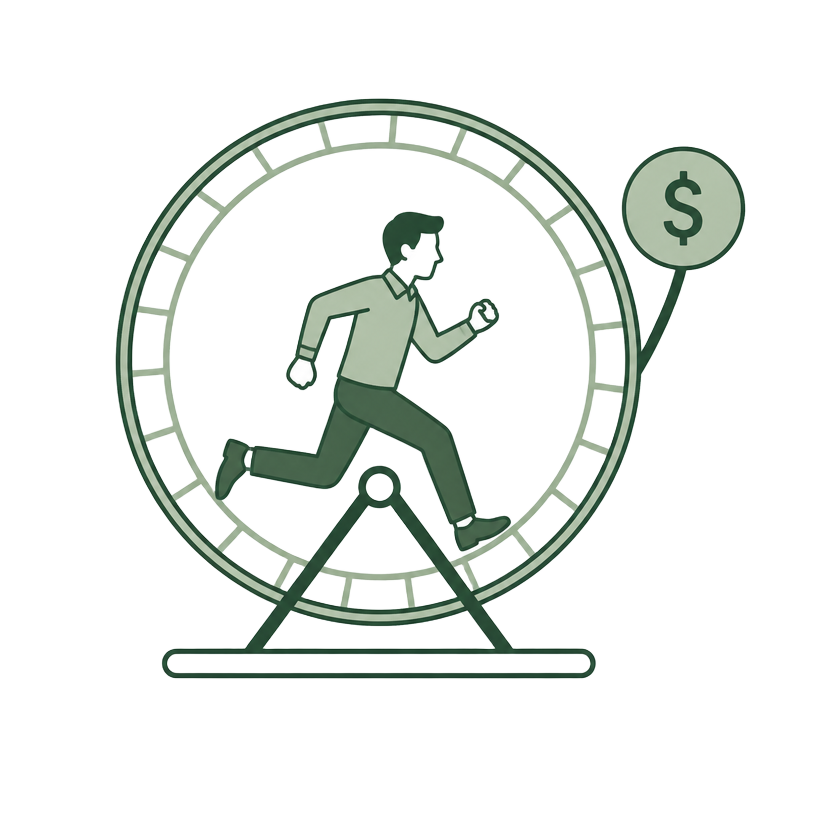 A person running inside a hamster wheel, trading hours for dollars