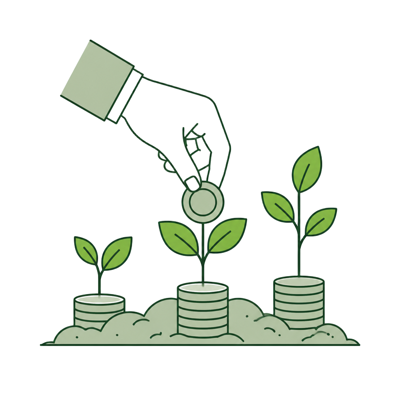 A hand planting a coin as plants grow from stacks of coins